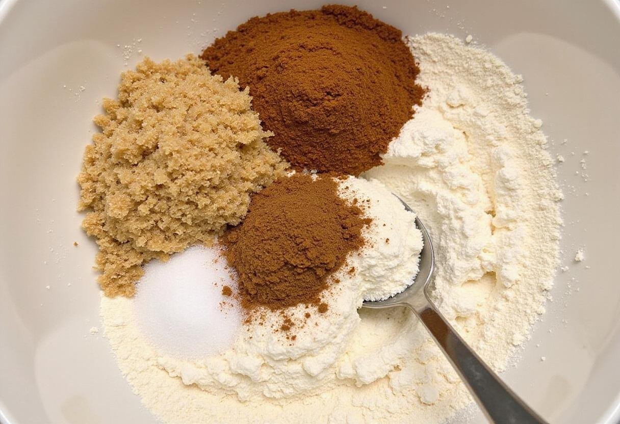 Ingredients for ginger molasses cookies displayed, featuring flour, brown sugar, ginger, cinnamon, and salt for a ginger molasses cookie recipe.