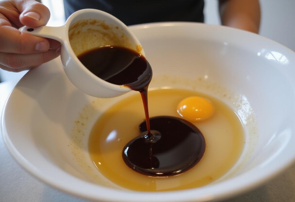 Adding molasses and egg to the cookie dough mix for ginger molasses cookies, representing the rich flavors in this ginger molasses cookie recipe.