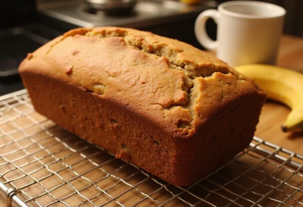 A beautifully baked gluten-free banana nut bread loaf displayed on a wire rack in a cozy kitchen setting.