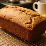 A beautifully baked gluten-free banana nut bread loaf displayed on a wire rack in a cozy kitchen setting.
