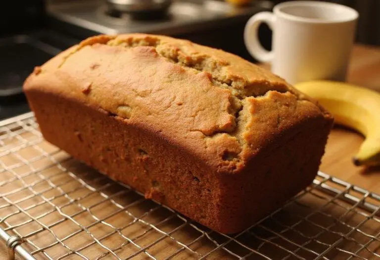 A beautifully baked gluten-free banana nut bread loaf displayed on a wire rack in a cozy kitchen setting.