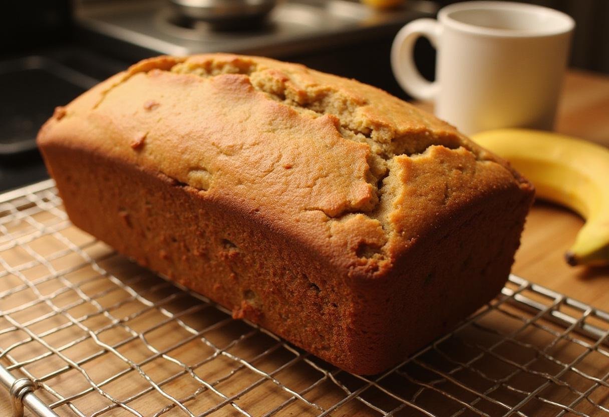 A beautifully baked gluten-free banana nut bread loaf displayed on a wire rack in a cozy kitchen setting.