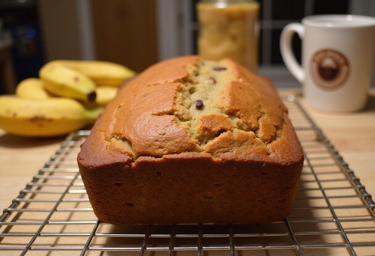 A beautifully baked gluten-free banana nut bread loaf displayed on a wire rack in a cozy kitchen setting.