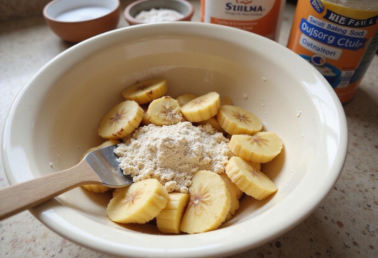 Making gluten-free banana nut bread with ripe mashed bananas and oat flour on the kitchen countertop.