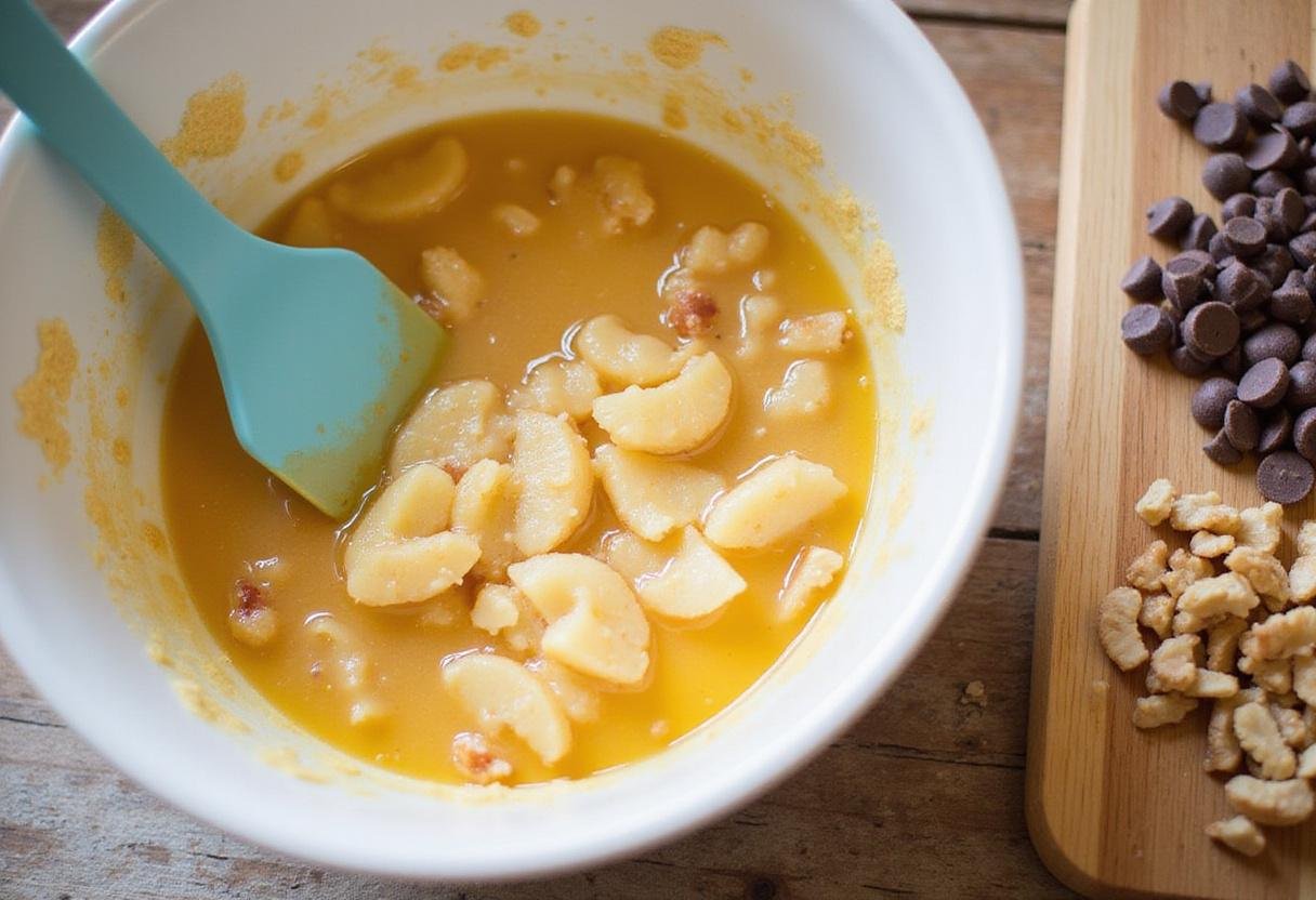 Combining wet ingredients for oat flour banana bread with eggs, coconut oil, and nuts in a bowl.