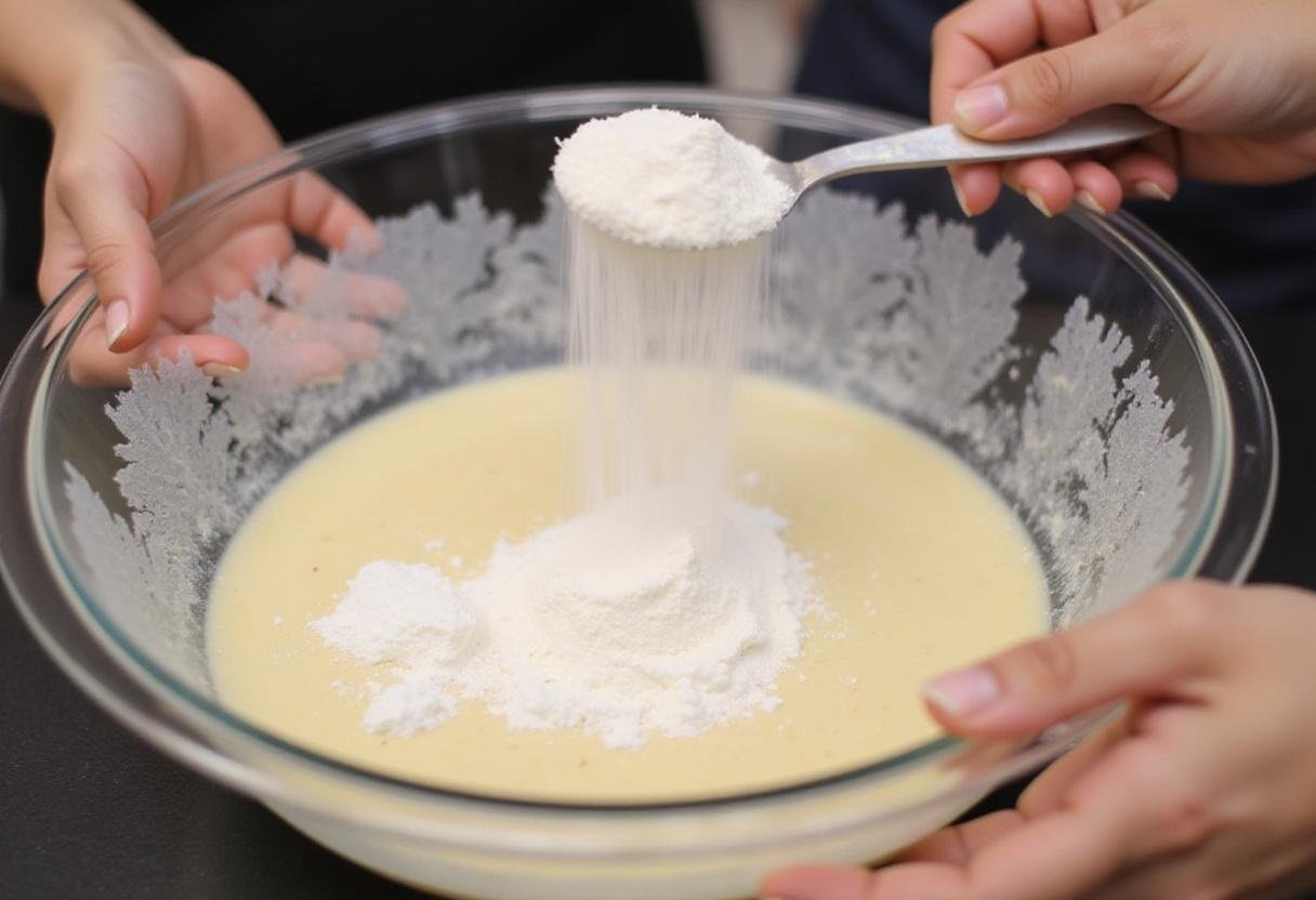 Mixing dry ingredients into the wet mixture for gluten-free banana nut bread, with oat flour and sugar introduced.
