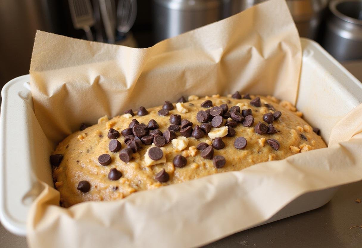 Filling a loaf pan with gluten-free banana bread batter, showcasing a rich mixture with chocolate chips and nuts.