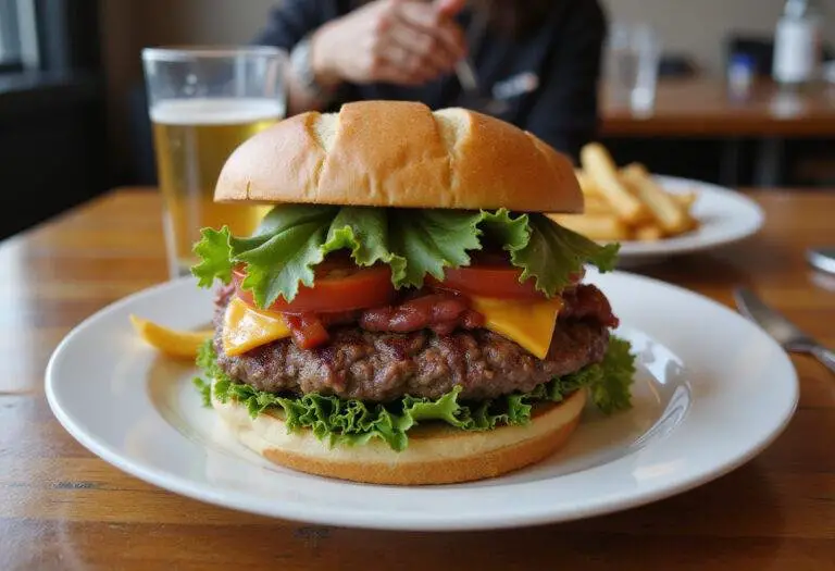 Delicious ground beef nutrition burger served with fries, showcasing a tasty meal presentation.