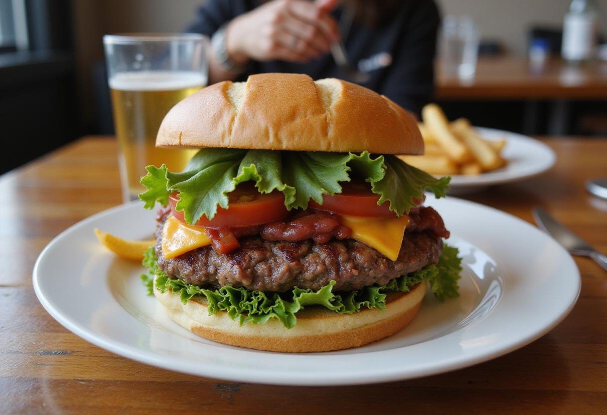 Delicious ground beef nutrition burger served with fries, showcasing a tasty meal presentation.