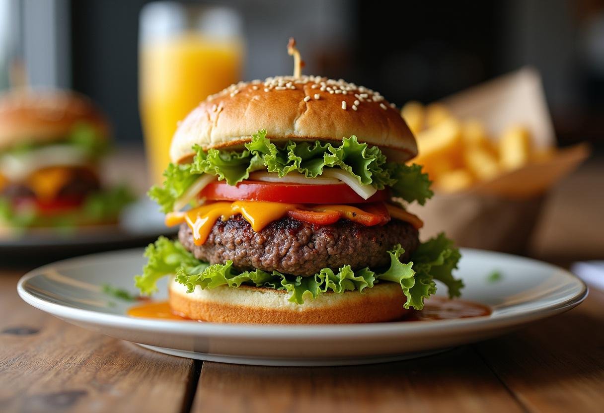 Delicious ground beef nutrition burger served with fries, showcasing a tasty meal presentation.
