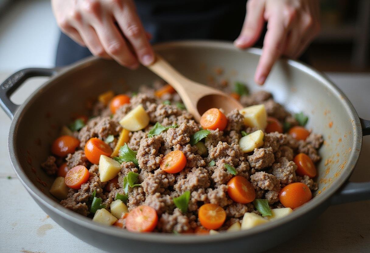Mixing ground beef nutrition ingredients, showcasing a vibrant mixture of beef and vegetables.
