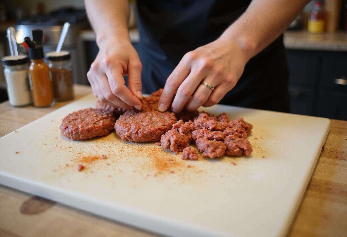 Shaping ground beef nutrition patties, highlighting the preparation process with kitchen tools.