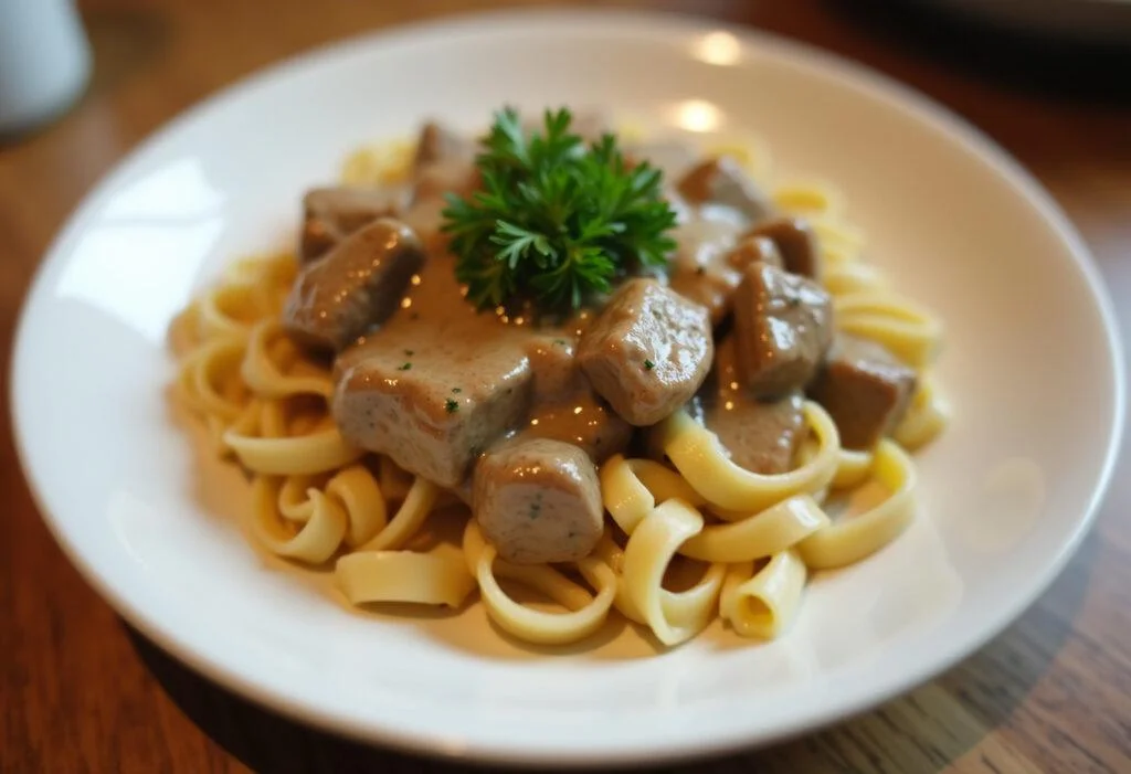 Final presentation of hamburger helper beef stroganoff, highlighting the creamy and savory blend of flavors in this comforting meal.