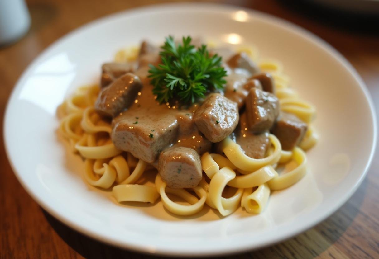 Final presentation of hamburger helper beef stroganoff, highlighting the creamy and savory blend of flavors in this comforting meal.