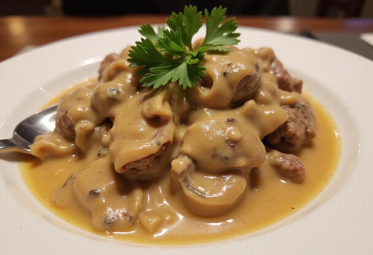 Final presentation of hamburger helper beef stroganoff, highlighting the creamy and savory blend of flavors in this comforting meal.
