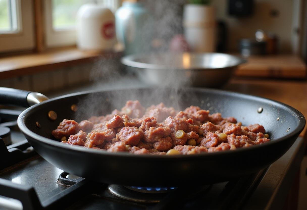 Cooking ground beef in a skillet for hamburger helper beef stroganoff, capturing the savory essence of beef stroganoff.