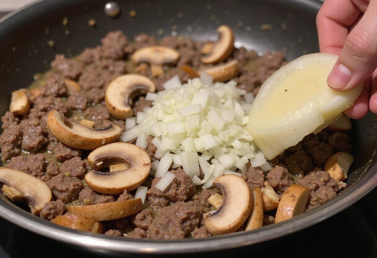 Preparing beef stroganoff by sautéing onions and mushrooms with ground beef for a delicious hamburger helper dish.