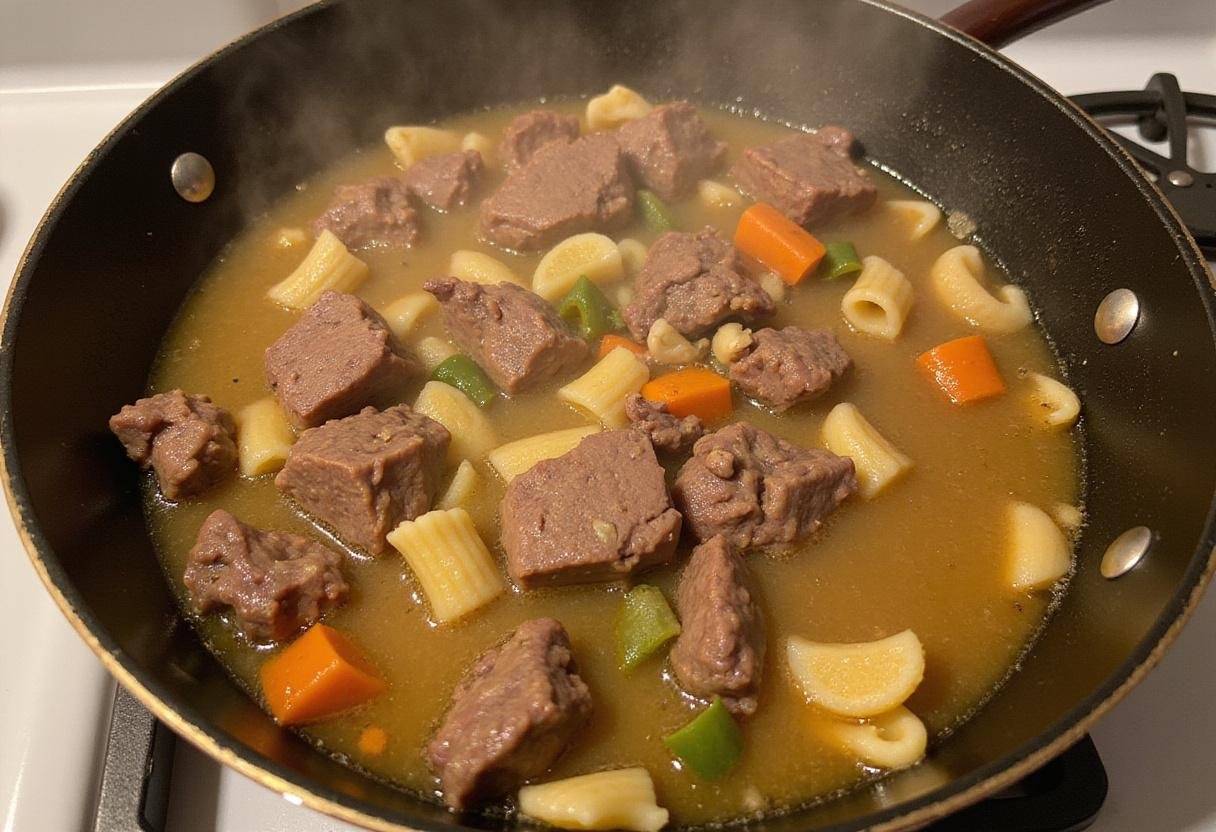Cooking pasta with beef and broth for hamburger helper beef stroganoff, demonstrating the final stages of meal preparation.