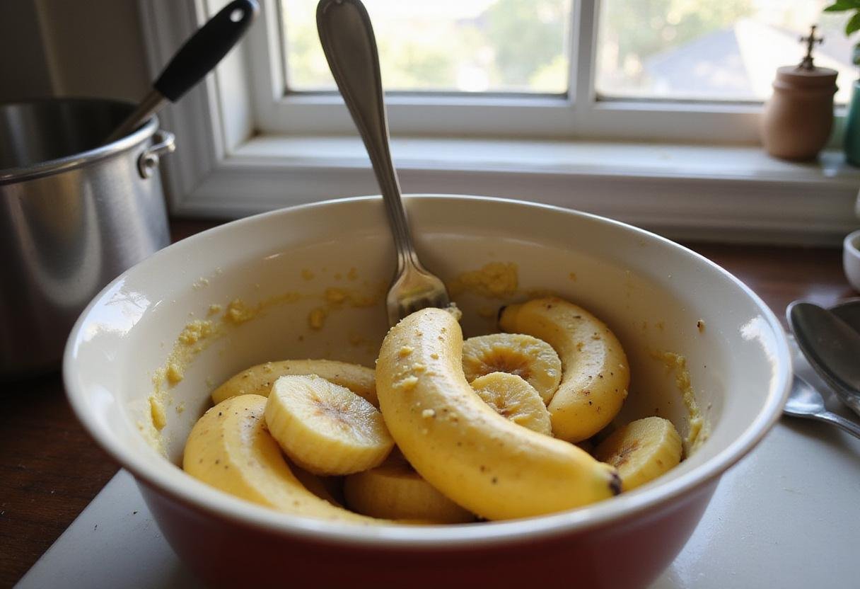 Mash ripe bananas for 2 ingredient healthier chocolate cookies preparation, healthy desserts, banana chocolate chip cookies.