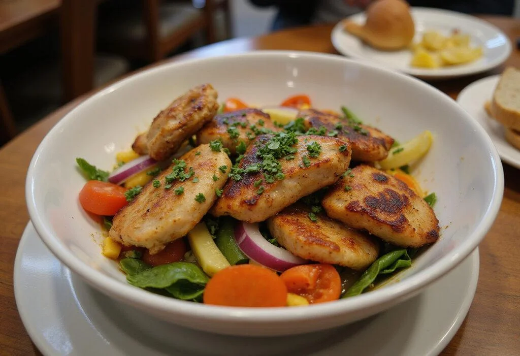 Final result of a healthy chicken shawarma bowl, featuring vibrant vegetables and seasoned chicken, perfect for a nutritious meal.