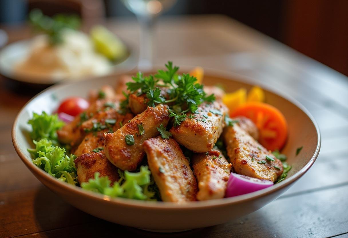 Final result of a healthy chicken shawarma bowl, featuring vibrant vegetables and seasoned chicken, perfect for a nutritious meal.