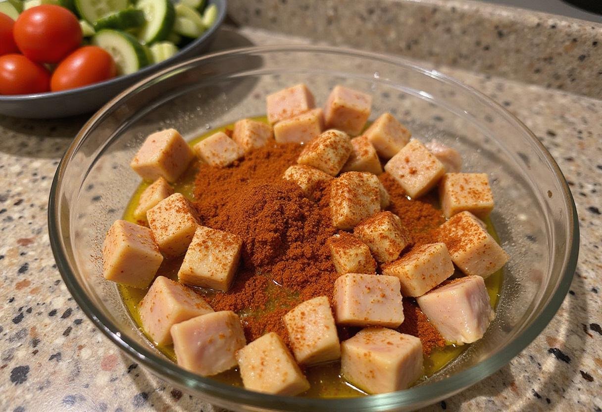 Marinated chicken thighs seasoned with spices for a healthy chicken shawarma bowl, featuring fresh vegetables.