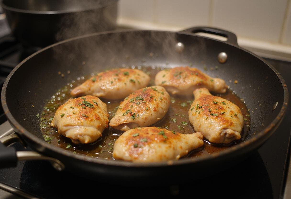 Cooking marinated chicken in a skillet for a delicious chicken shawarma bowl, showcasing a golden-brown color and appetizing steam.