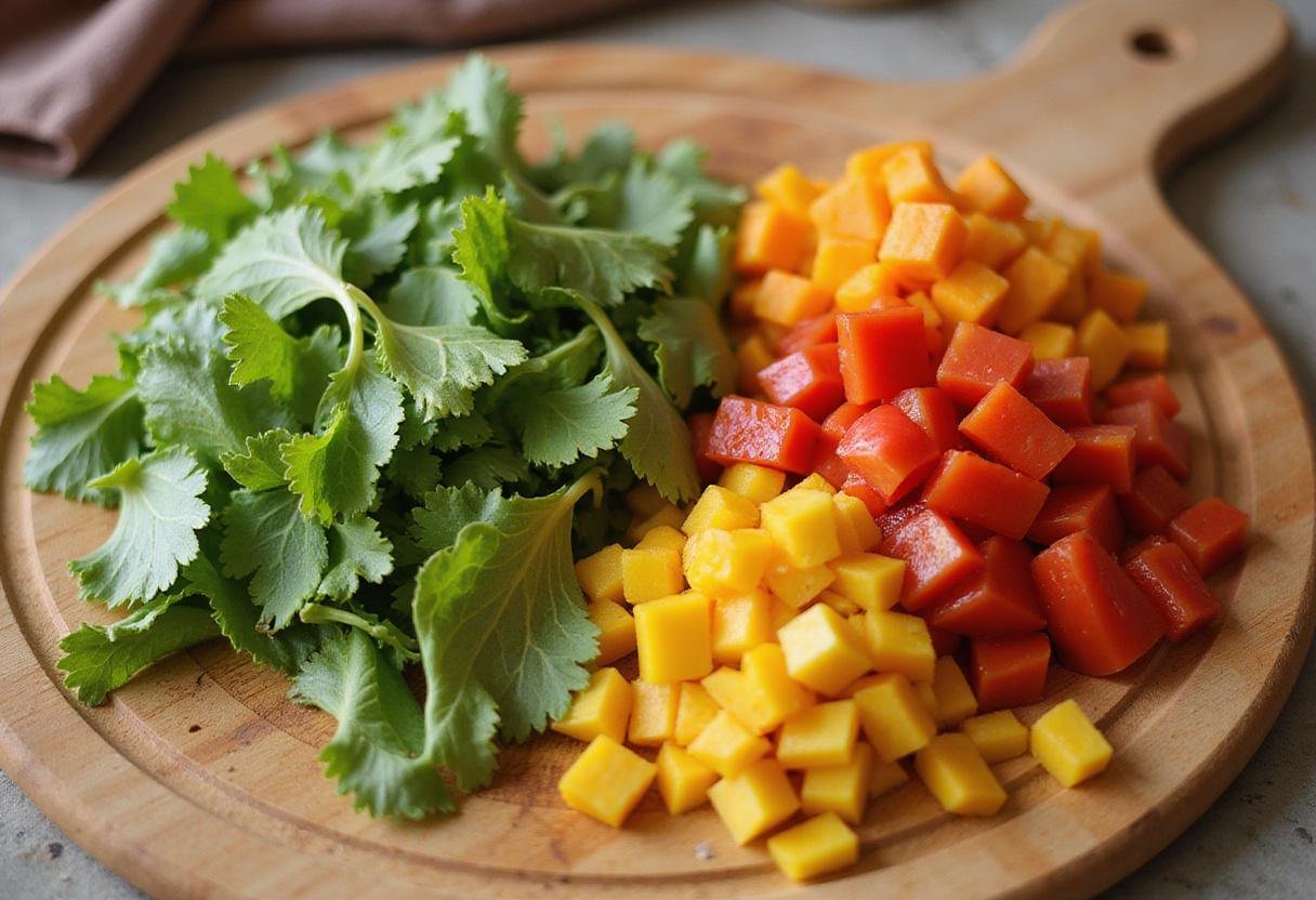 Chopped vegetables on a cutting board for a healthy chicken shawarma bowl, including vibrant lettuce and bell peppers.