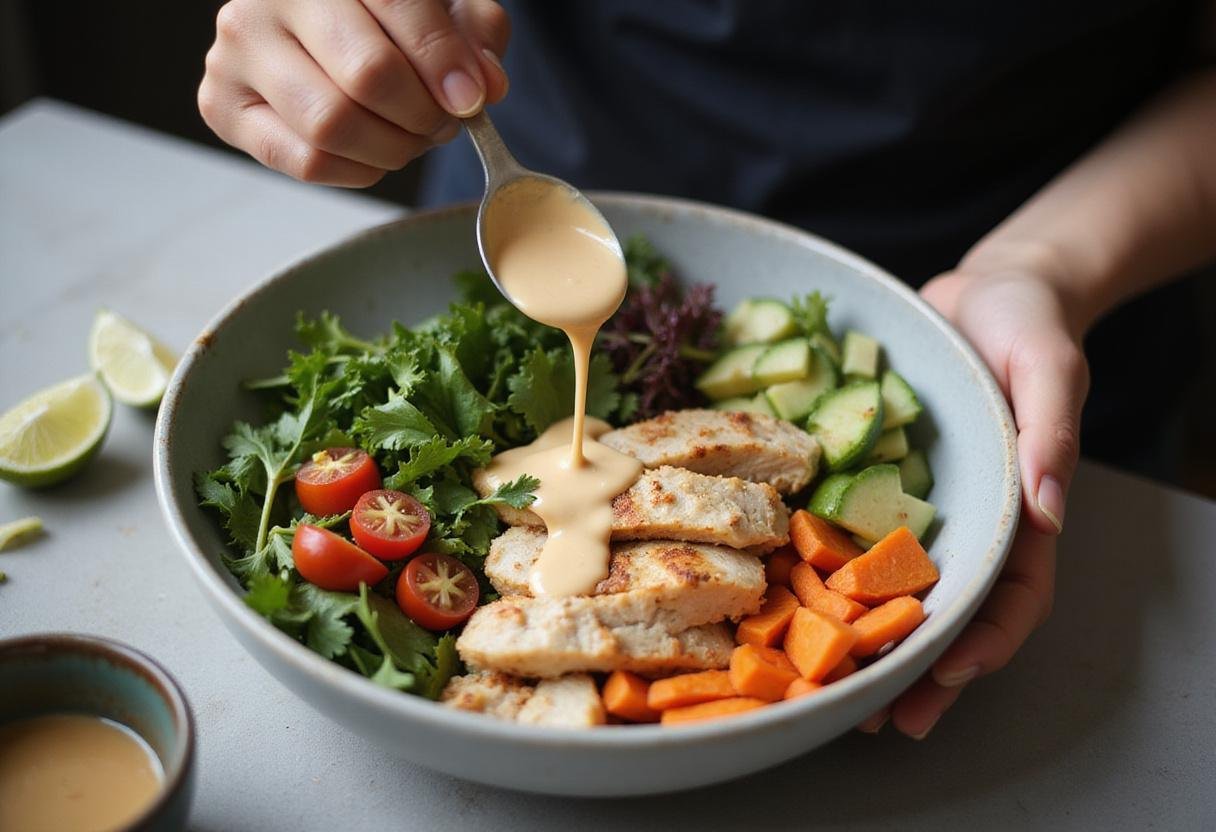 Assembling a healthy chicken shawarma bowl with juicy chicken, fresh vegetables, and a drizzle of tahini sauce for added flavor.