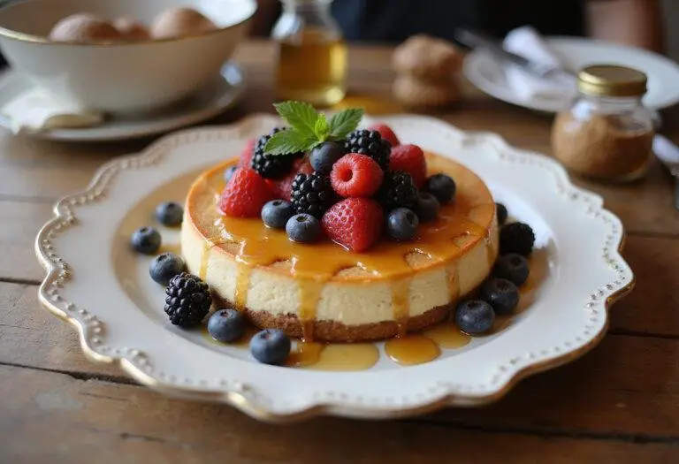 Final presentation of a healthy cheesecake with fresh toppings, showcasing a perfect protein cheesecake dessert.