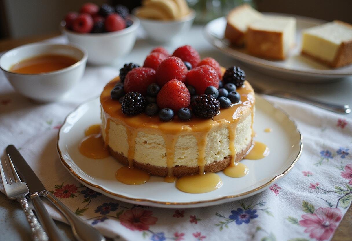 Final presentation of a healthy cheesecake with fresh toppings, showcasing a perfect protein cheesecake dessert.