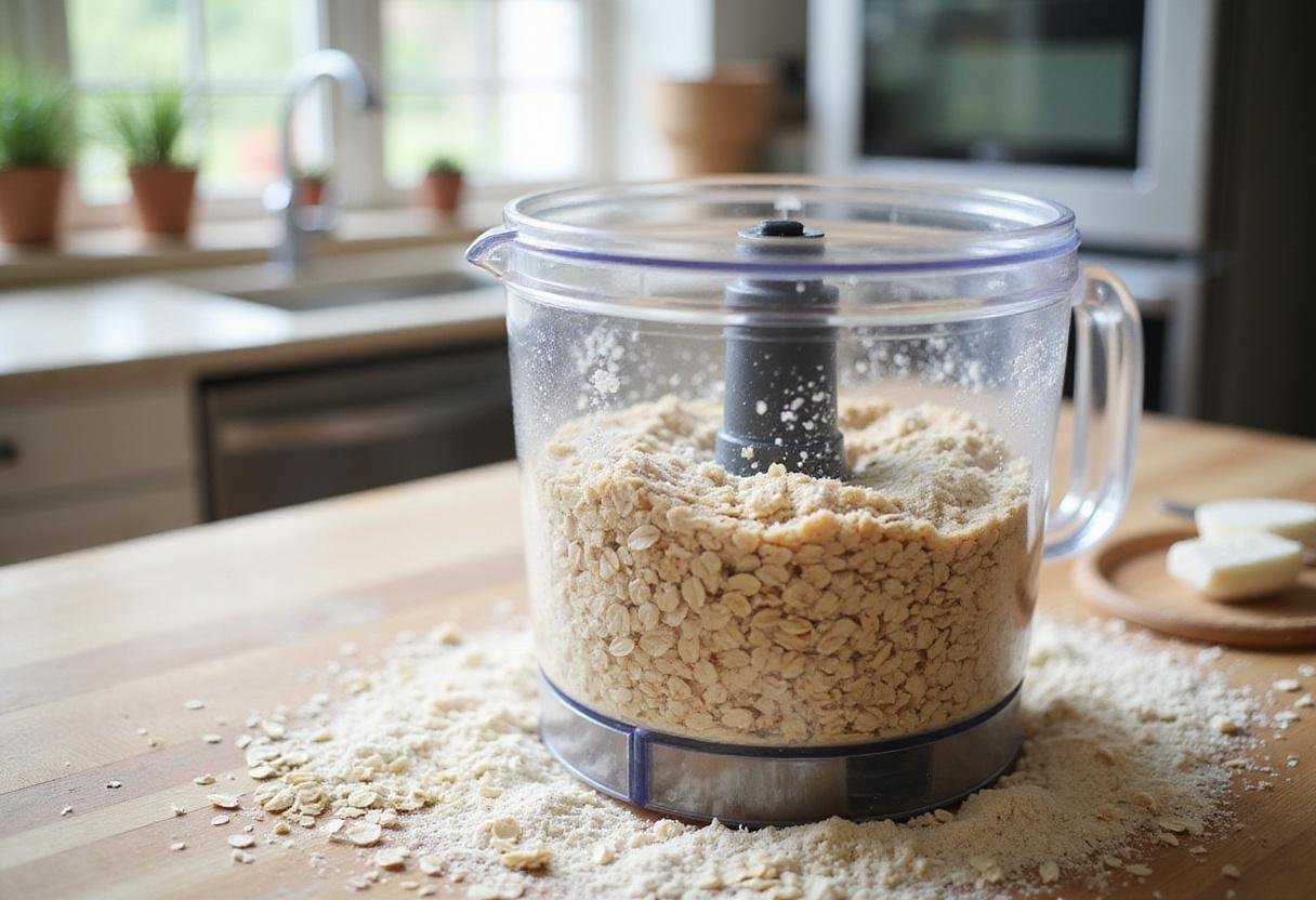 Making the crust for a gluten free cheesecake using oats and healthy ingredients, ideal for a dietary cheesecake.