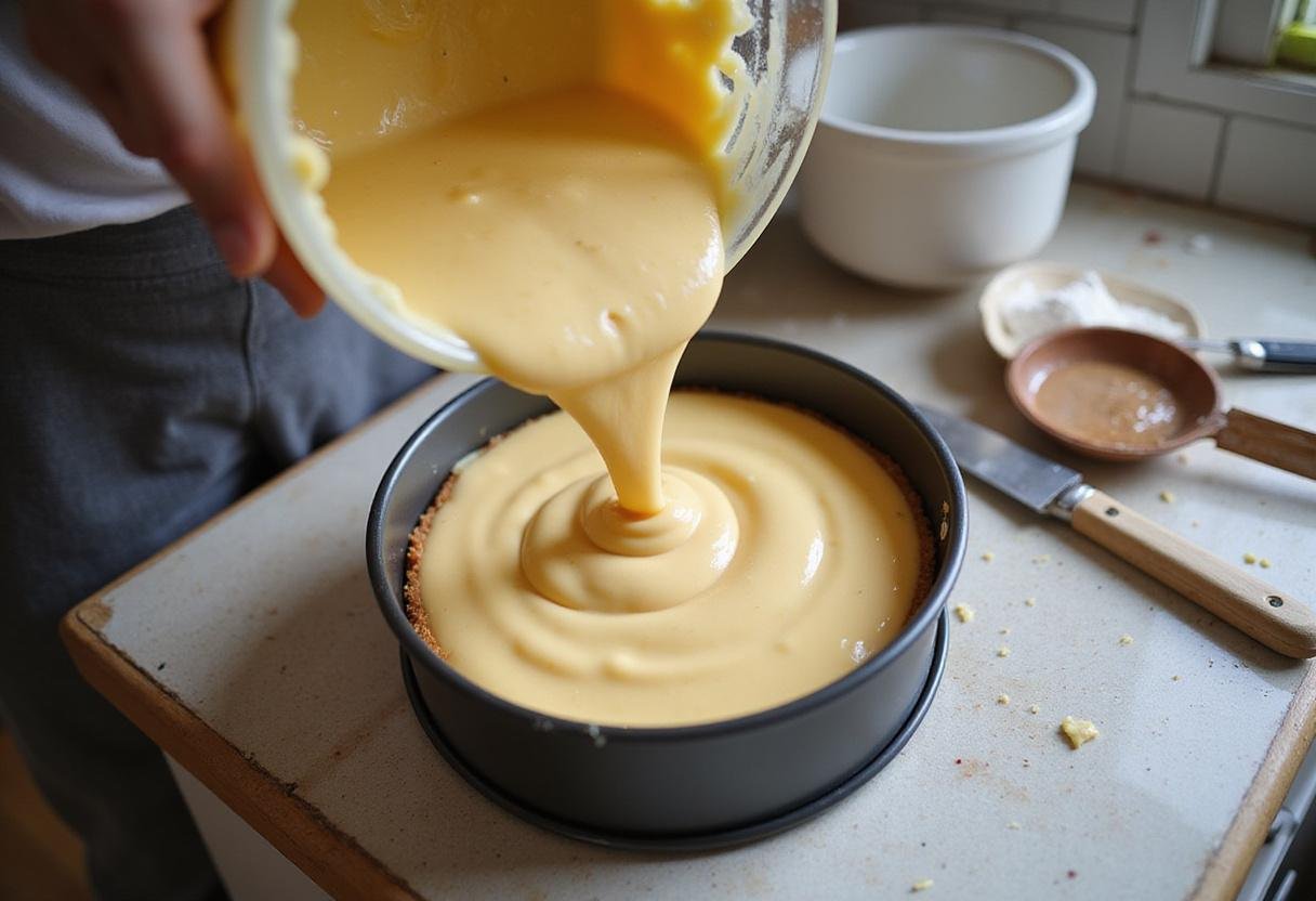 Pouring the cheesecake mixture into a pan, a crucial step in the process of creating a delicious healthy cheesecake.