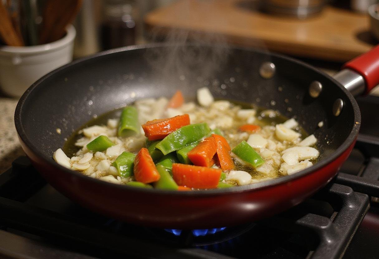 Healthy ground chicken stir fry ingredients including diced onions and bell peppers being cooked in a pan, showcasing fresh vegetable preparation for a stir fry.
