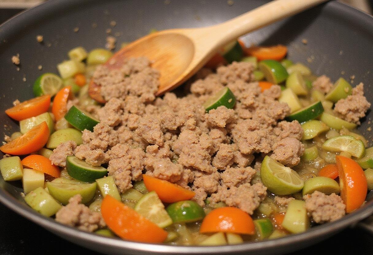 Ground chicken being incorporated into sautéed vegetables in a pan, demonstrating the cooking process for a delicious stir fry meal.