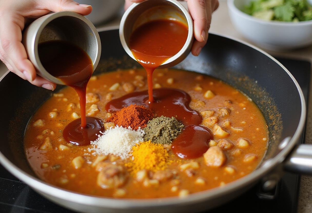 Flavorful sauces and spices being added to the ground chicken and vegetable stir fry, perfect for a healthy and zesty dish.