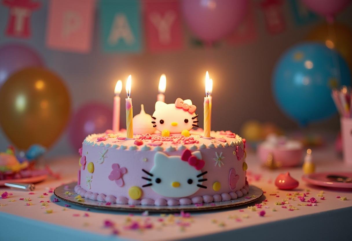 The stunning Hello Kitty birthday cake ready for celebration, surrounded by festive decorations and candles.