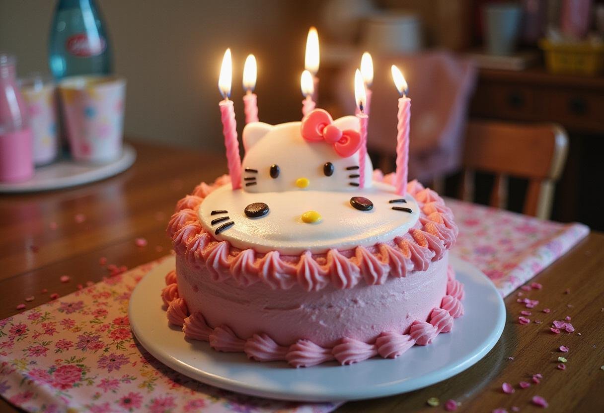 The stunning Hello Kitty birthday cake ready for celebration, surrounded by festive decorations and candles.