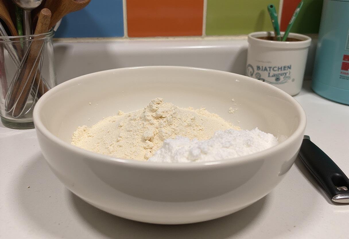 Ingredients for Hello Kitty birthday cake including flour, sugar, and baking powder ready for mixing.