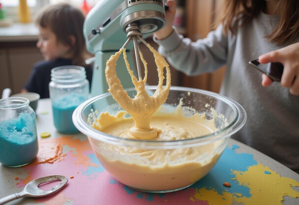 Mixing the colorful batter for the Hello Kitty birthday cake in a vibrant kitchen setting.