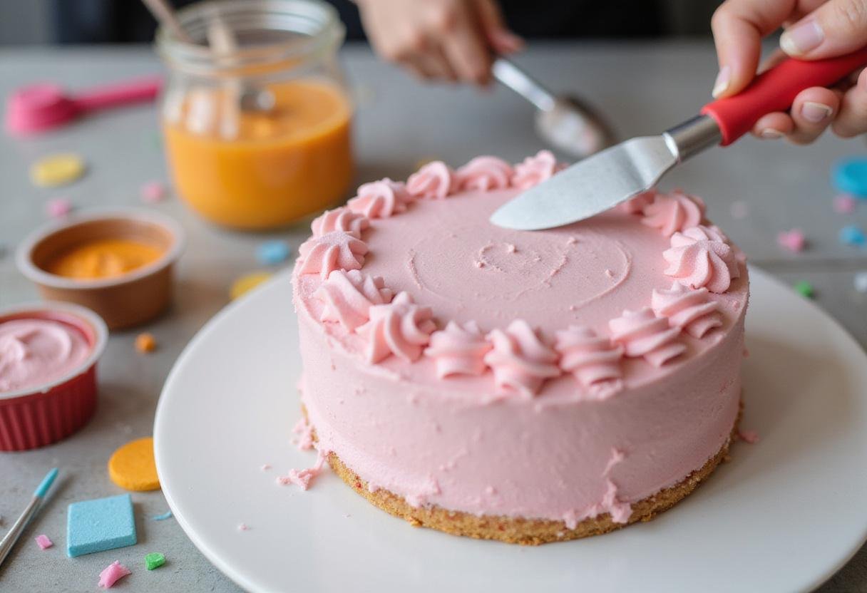 Icing the Hello Kitty birthday cake with pink frosting in a joyful baking environment filled with bright colors.