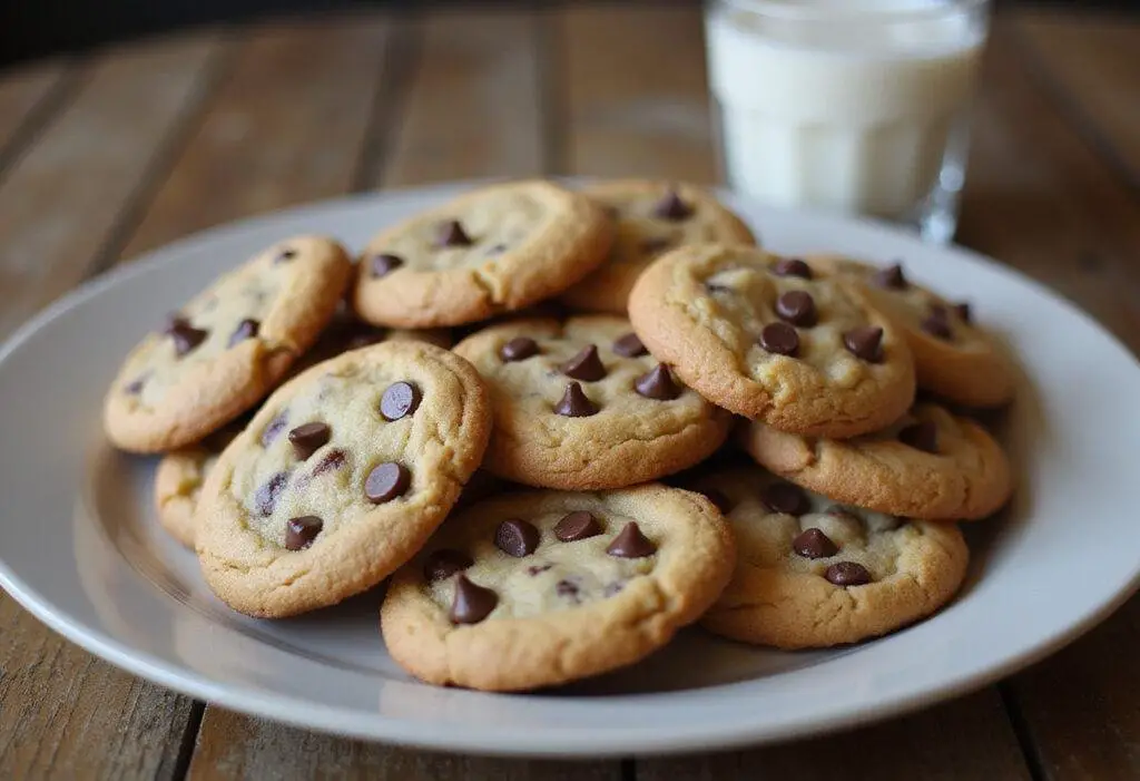 Delicious Hershey's chocolate chip cookies on a plate, perfectly baked and served with a glass of milk, ideal for dessert.