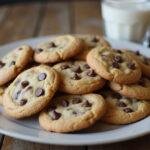 Delicious Hershey's chocolate chip cookies on a plate, perfectly baked and served with a glass of milk, ideal for dessert.
