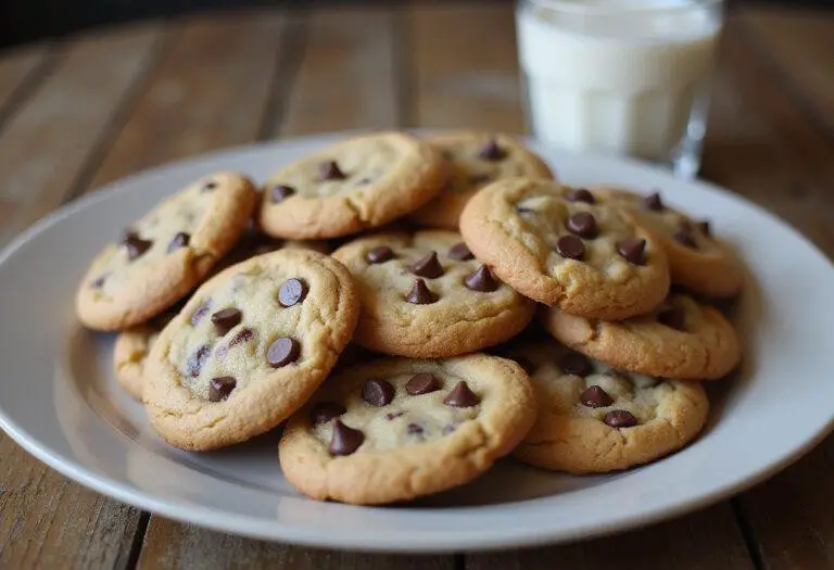 Delicious Hershey's chocolate chip cookies on a plate, perfectly baked and served with a glass of milk, ideal for dessert.