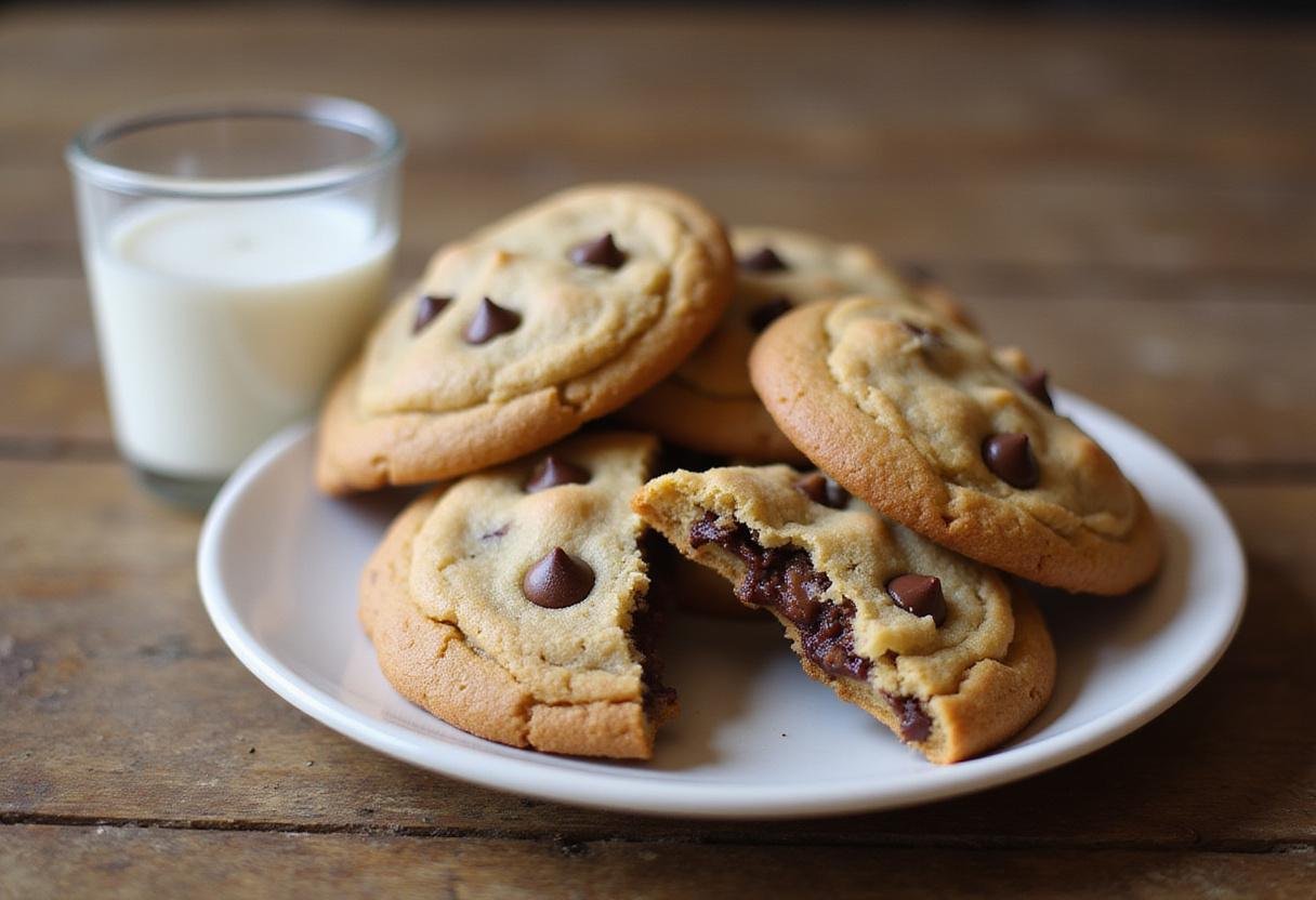 Delicious Hershey's chocolate chip cookies on a plate, perfectly baked and served with a glass of milk, ideal for dessert.