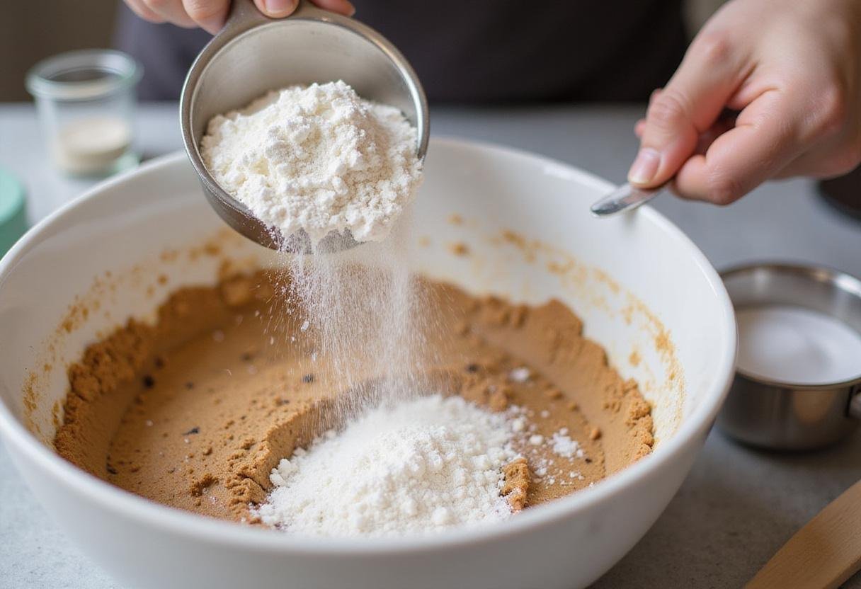 Sifting flour, baking soda, and salt for Hershey's chocolate chip cookie dough, showcasing ingredient preparation for baking.