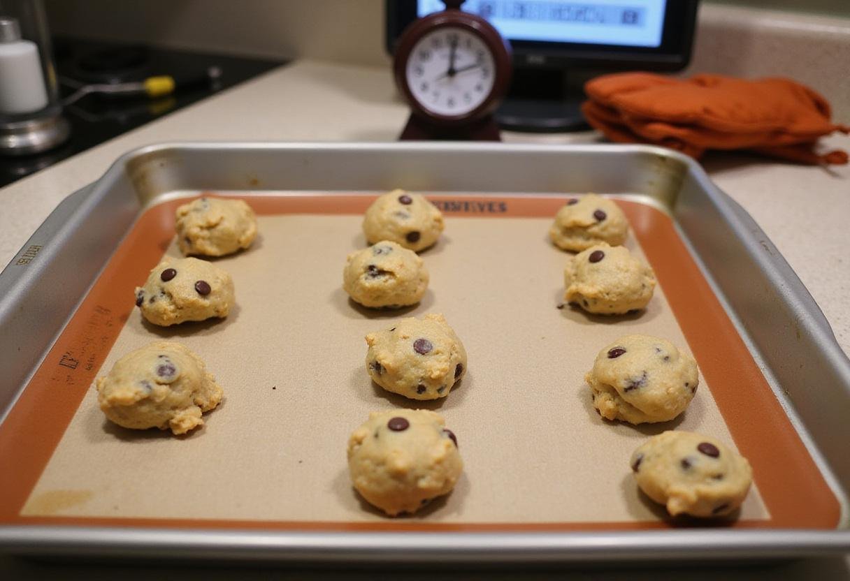 Baking tray filled with cookie dough balls for Hershey's chocolate chip cookies, preparing for the baking step.