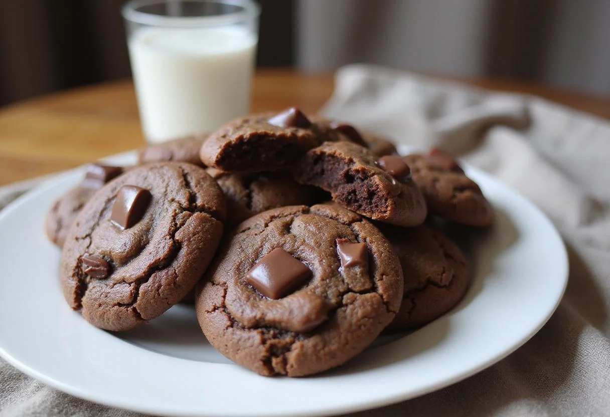 Delicious Hershey's chocolate cookies displayed on a plate, perfect for sharing and enjoying with a glass of milk, capturing the essence of a classic chocolate cookie recipe.