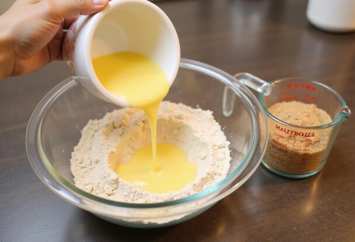 Melted butter adding richness to the Hershey's chocolate chip cookie mixture, essential for a soft and chewy texture.