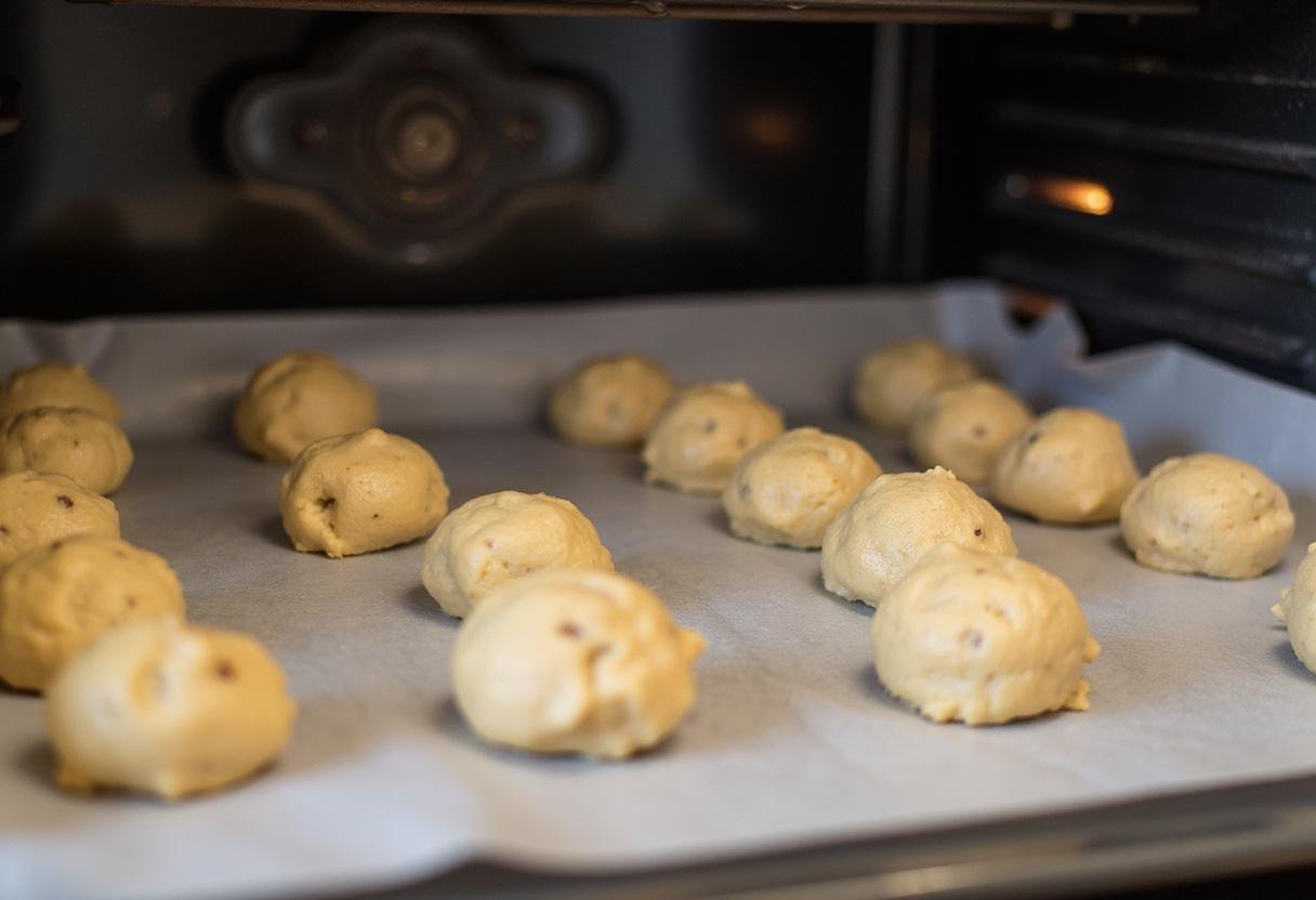 Cookie dough balls on a baking sheet, ready to bake into delicious Hershey's chocolate chip cookies, showcasing the pre-baking process.